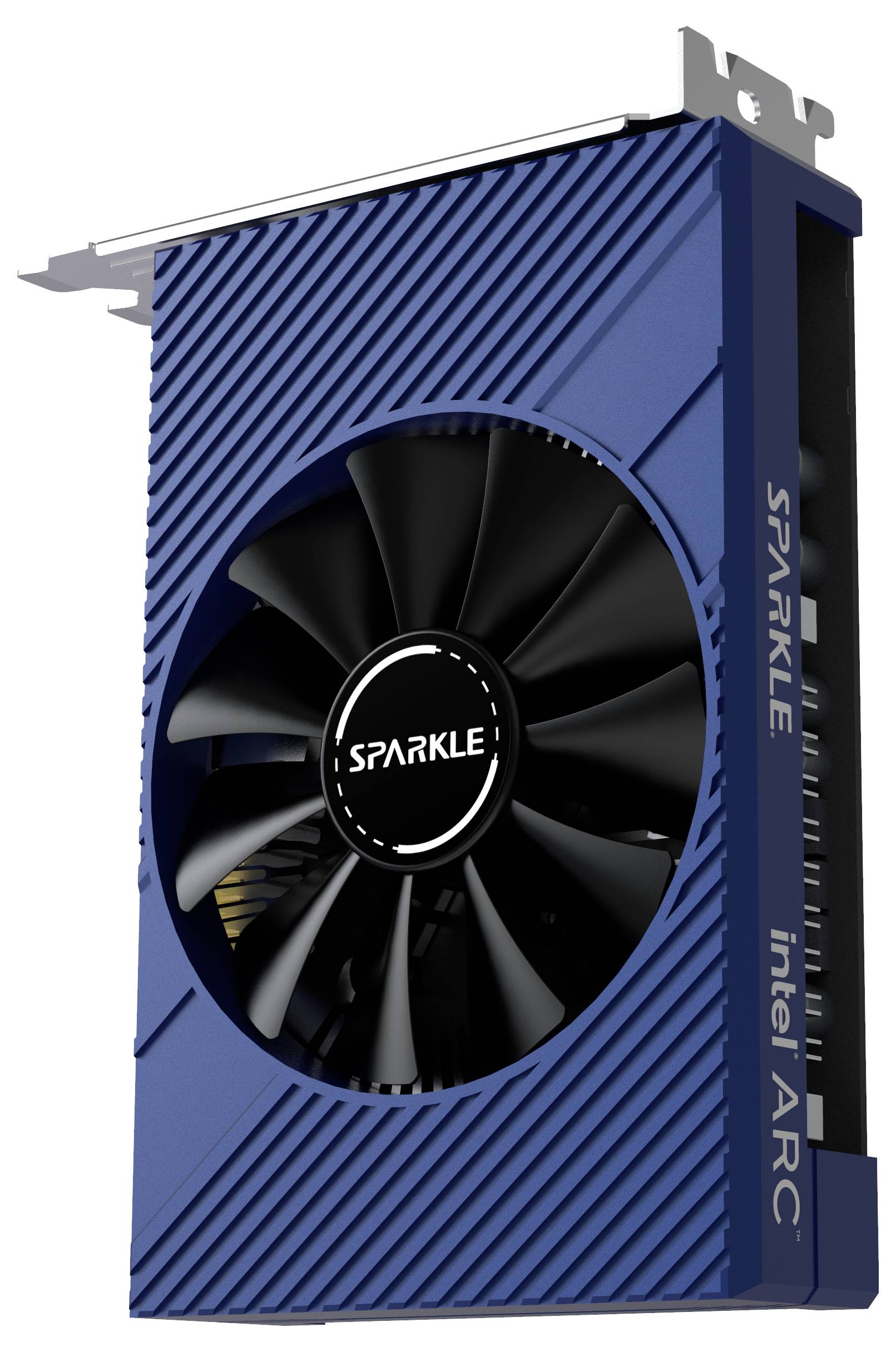 Niebieska karta graficzna Sparkle z dużym wentylatorem pośrodku i napisem 'Intel ARC' z boku.