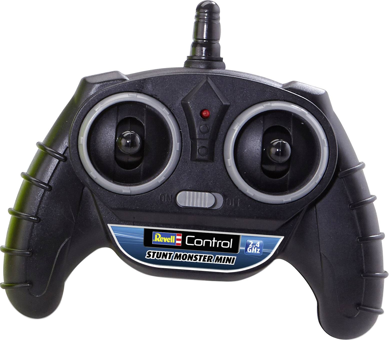Czarna pilot zdalnego sterowania z dwoma drążkami i czerwonymi przyciskami, opisany napisem 'Revell Control Stunt Monster Mini 2.4 GHz'.