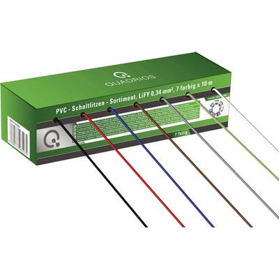 Siedem kolorowych przewodów PVC na rolce w zielonym pudełku 'Quadrios', przeznaczonych do zastosowań elektrycznych, 0,34 mm², 10 m.