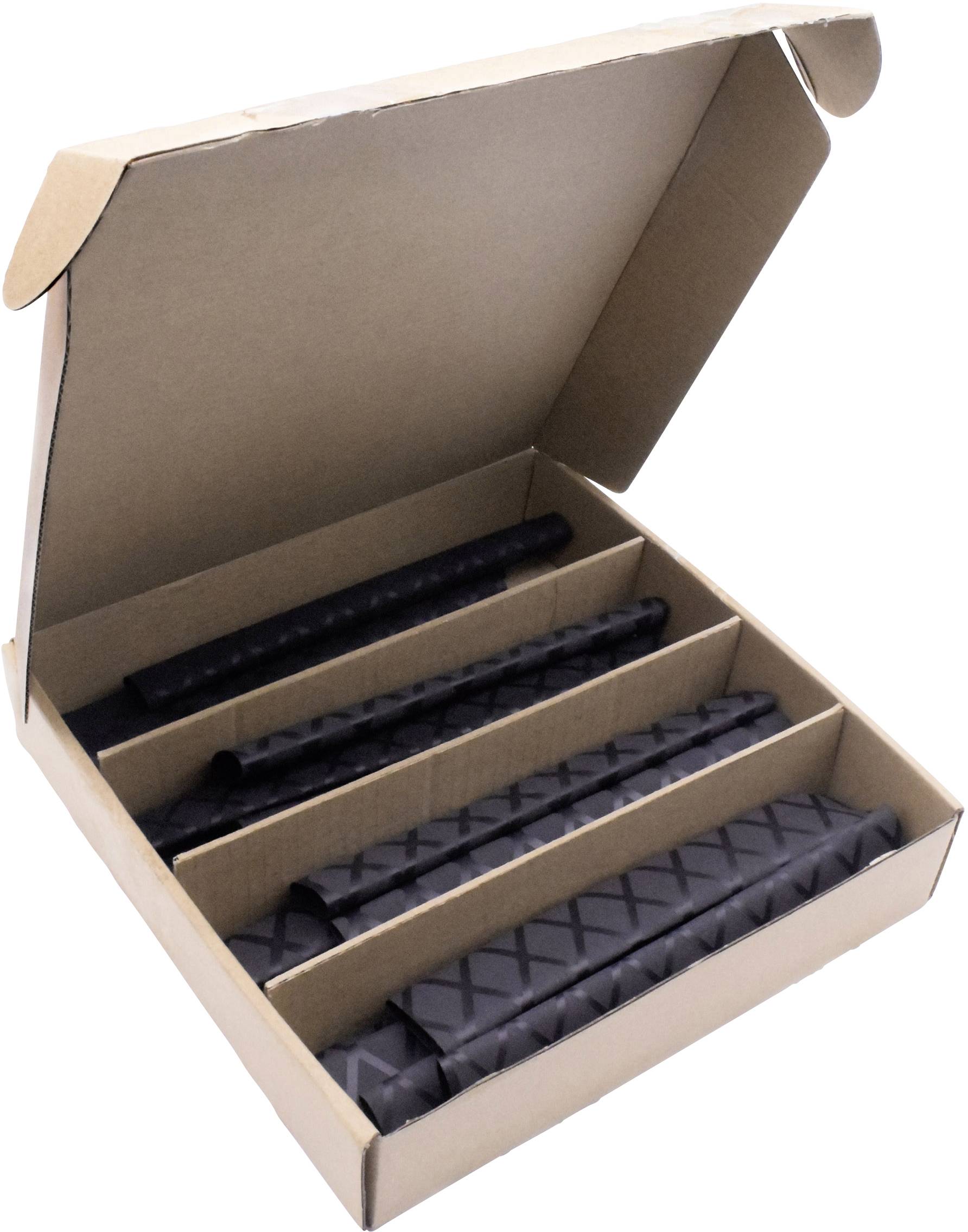 Otwarty karton z czterema czarnymi wkładkami z pianki umieszczonymi w osobnych przegrodach, zapakowany do bezpiecznego transportu długich przedmiotów.