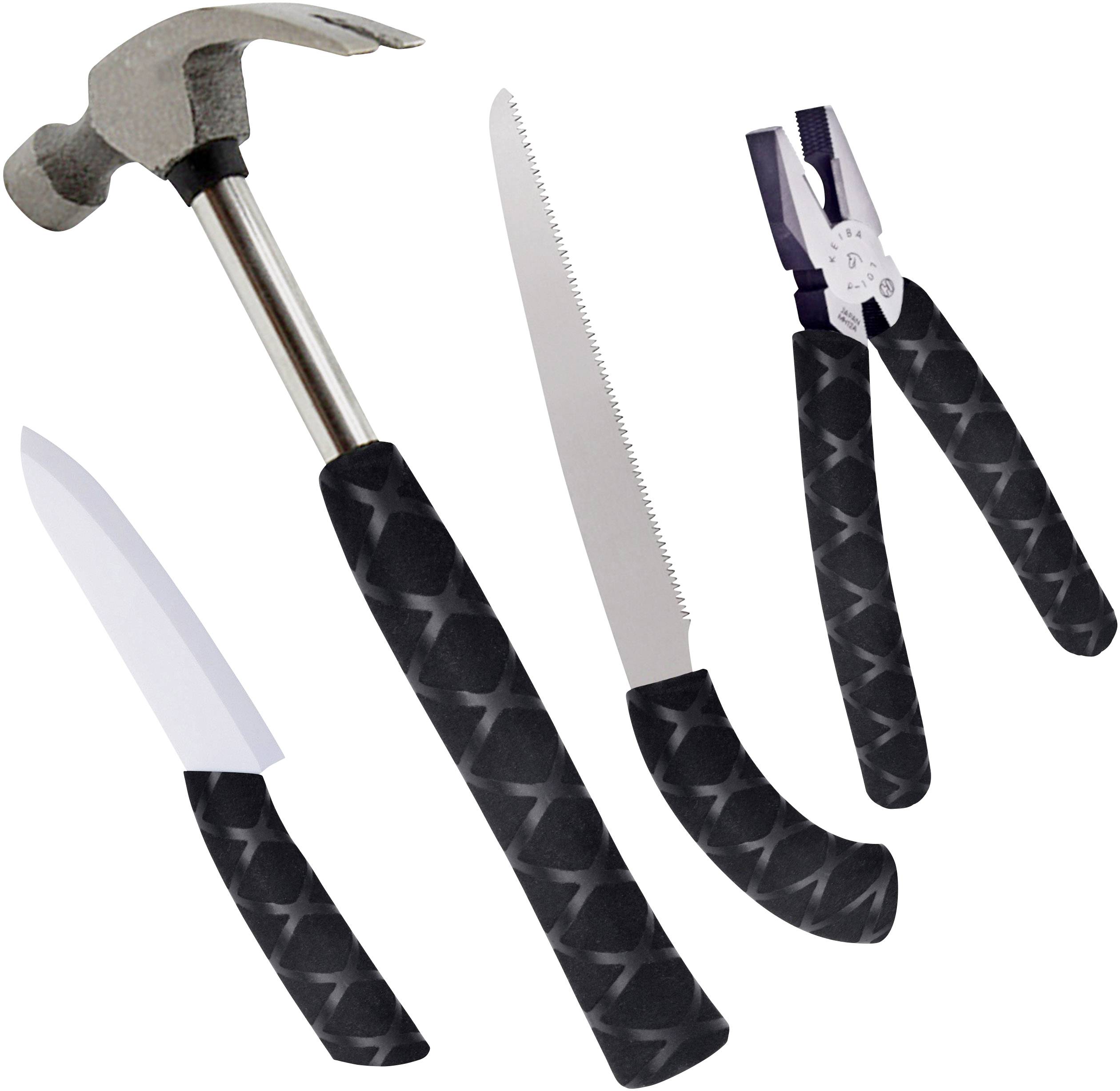 Różne narzędzia z zakrzywionymi, wzorzystymi czarnymi uchwytami: młotek, nóż, piła, szczypce.