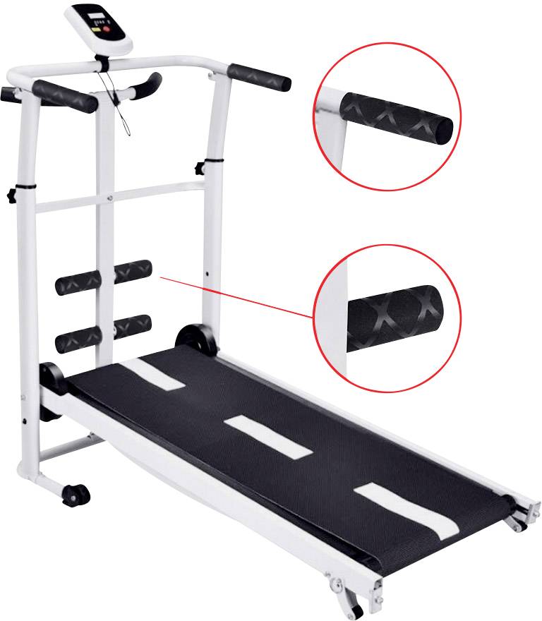 Bieżnia treningowa do użytku domowego z uchwytami i cyfrowym wyświetlaczem. Powiększenie prezentuje antypoślizgowe uchwyty. Idealna do domowych ćwiczeń fitness.