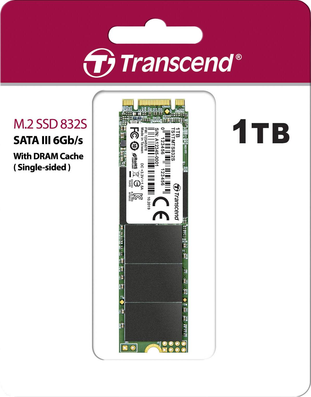Transcend M.2 SSD 832S, 1TB, SATA III 6Gb/s, z pamięcią podręczną DRAM, jednostronny. Opakowanie produktu z obrazem karty SSD.