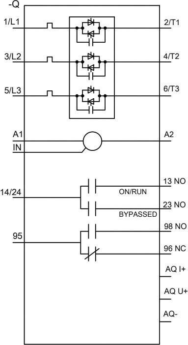 Schemat połączeń elektrycznego przełącznika z połączeniami: L1/L, L2/L, L3/L, A1/A2, 14/24, 13 NO, 23 NO, 96 NC.
