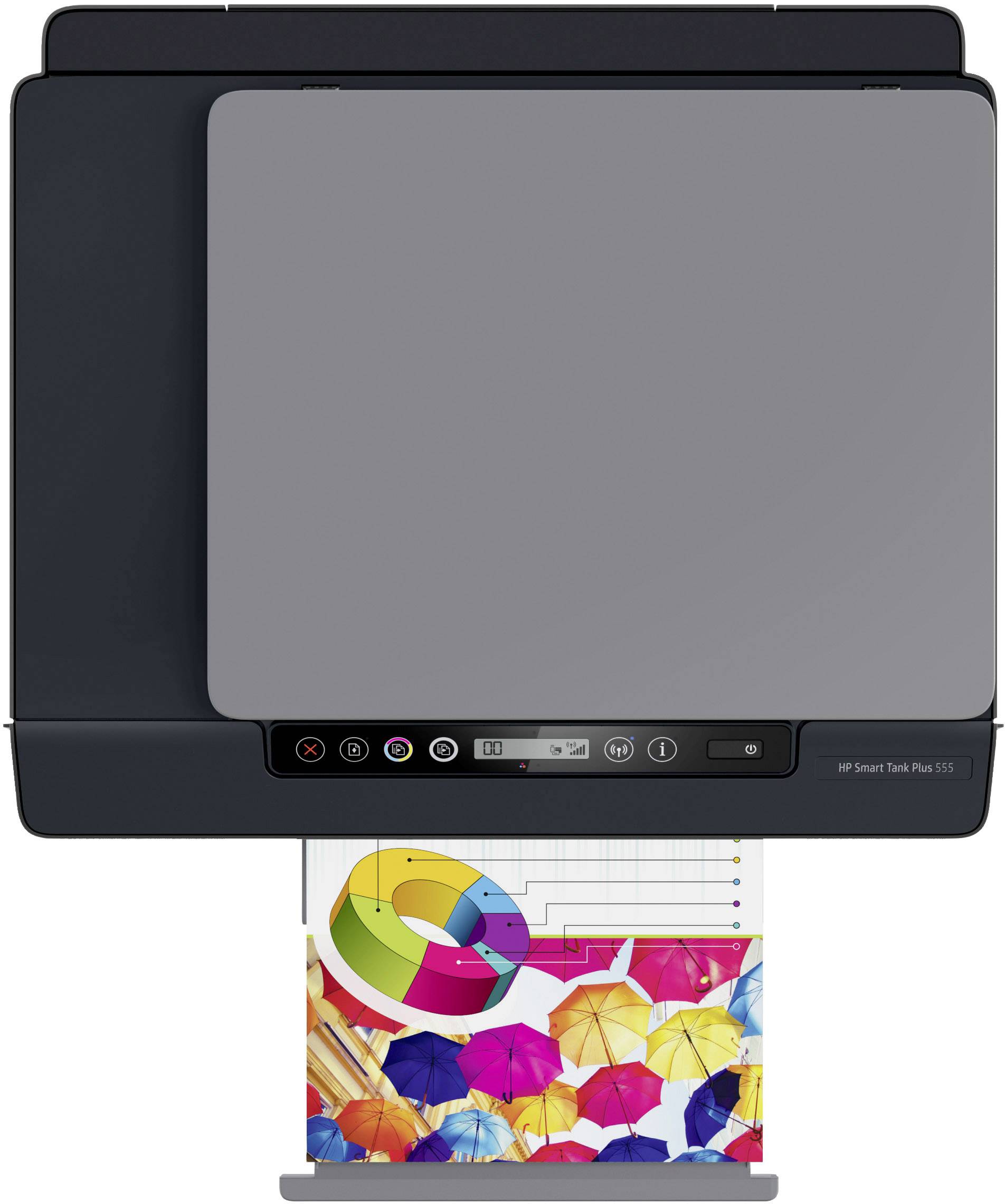 Drukarka z widocznym panelem sterowania i kolorowym wydrukiem przedstawiająca wykres kołowy oraz liczne kolorowe parasole.
