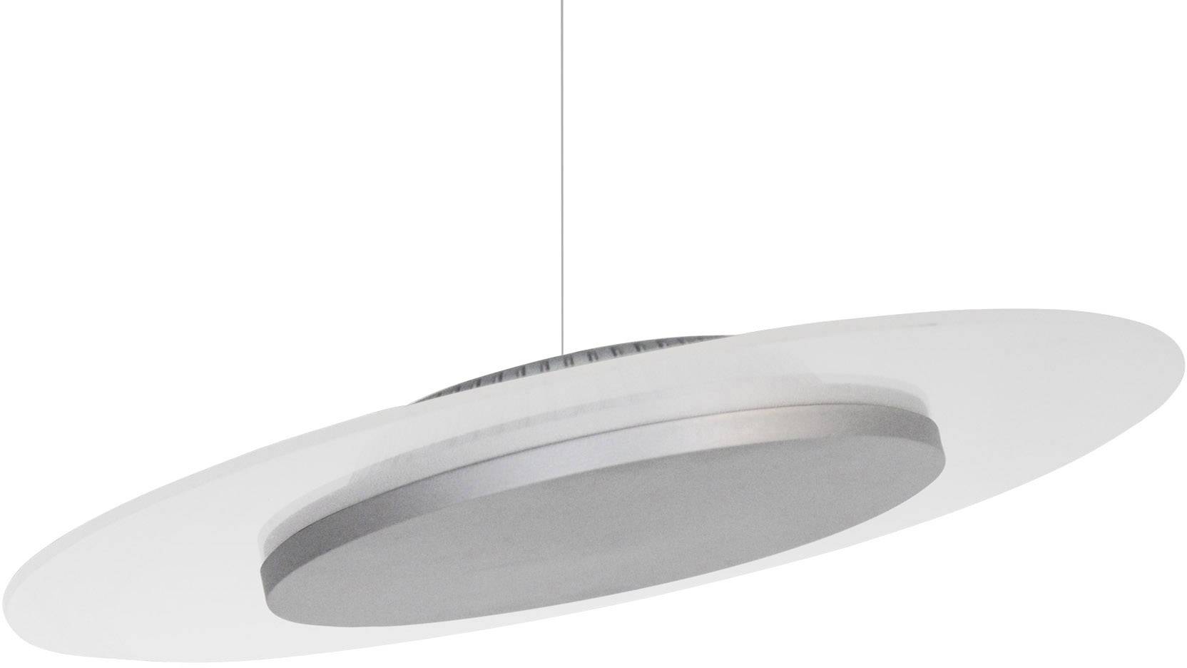 Nowoczesna, srebrna lampa sufitowa o okrągłym, płaskim kształcie. Zawieszona na cienkiej lince, prezentuje się minimalistycznie.