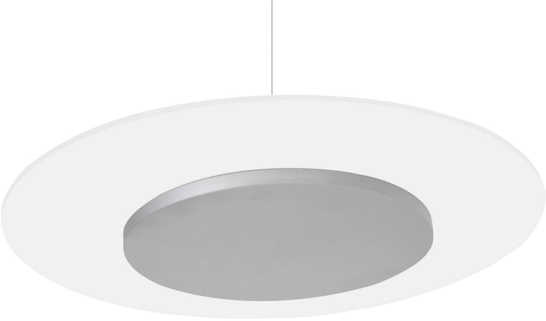 Okrągła, biała lampa sufitowa z srebrną tarczą pośrodku, zawieszona na cienkiej lince.