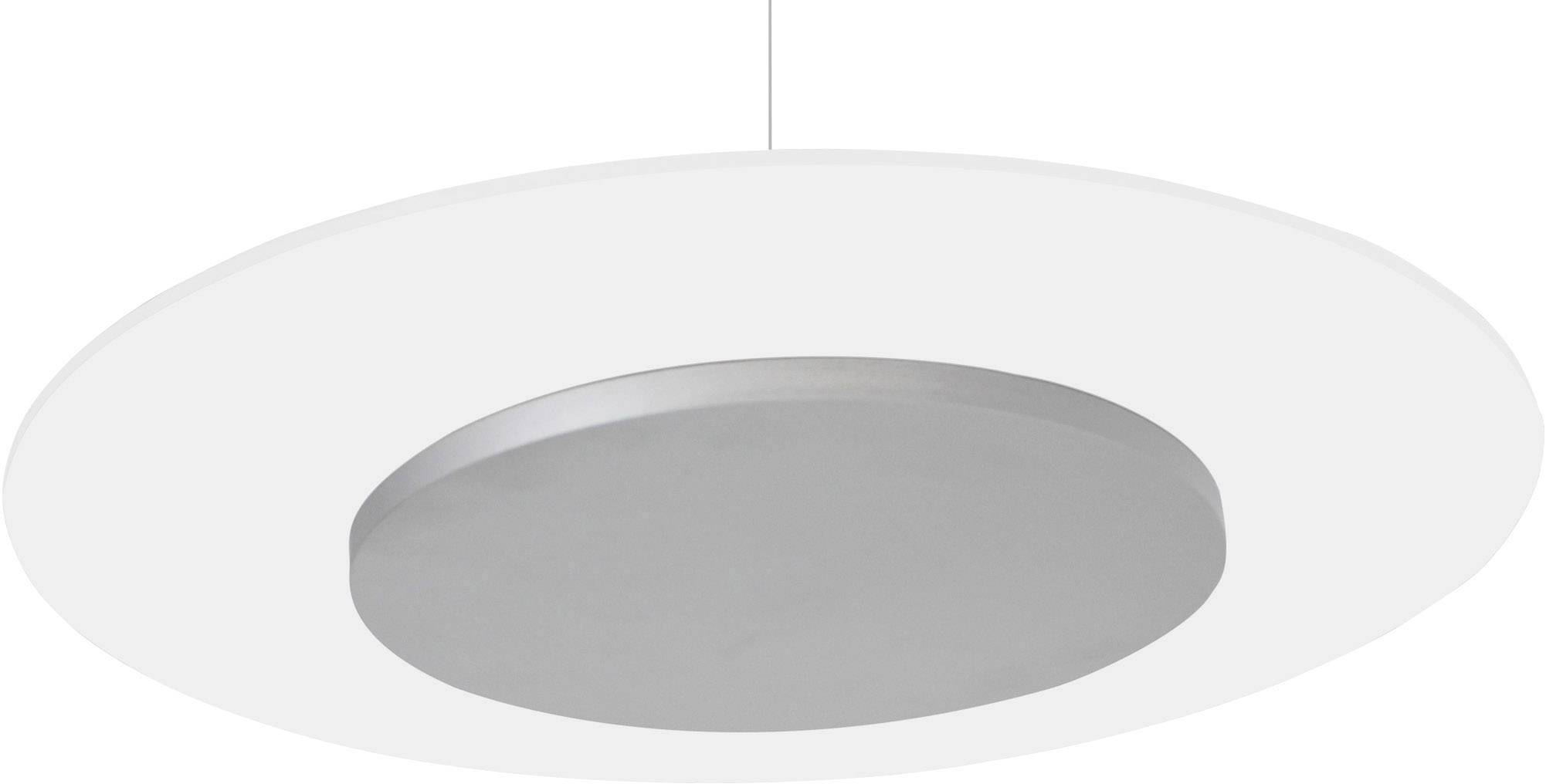 Okrągła, nowoczesna lampa sufitowa z srebrnym środkiem i białą obwódką, zawieszona na cienkiej lince.