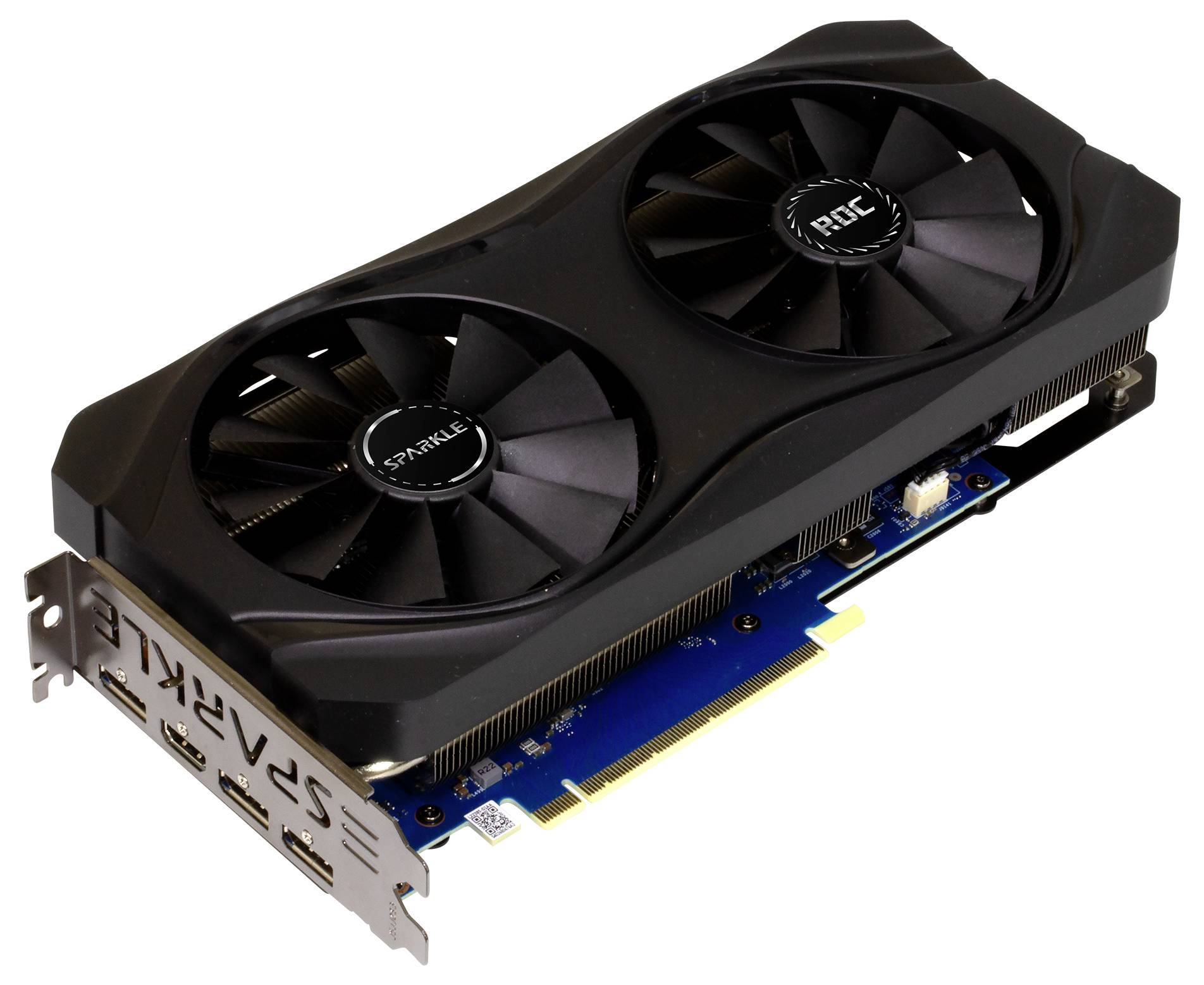 Czarna karta graficzna z dwoma wentylatorami i systemem chłodzenia. Posiada kilka wyjść wyświetlacza po lewej stronie.