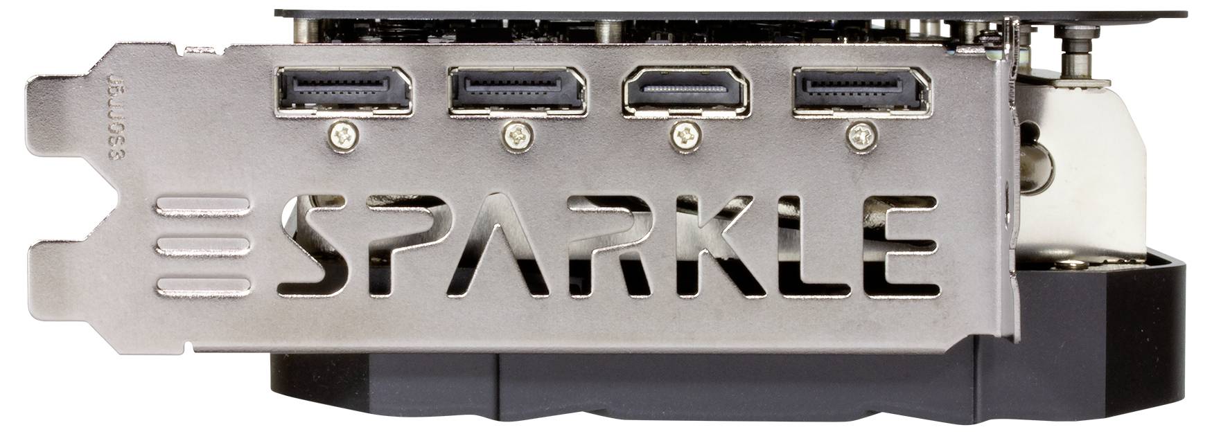 Karta graficzna z czterema złączami DisplayPort oraz logo SPARKLE na wsporniku.
