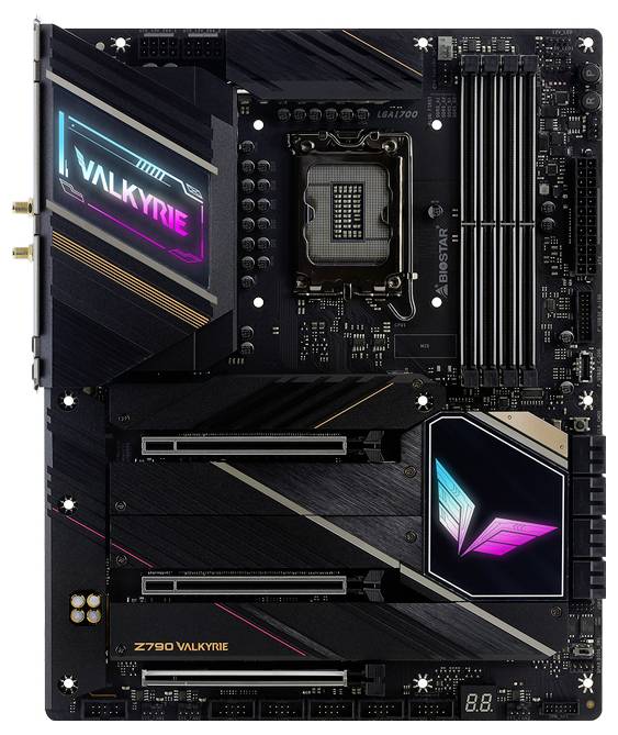 Płyta główna komputera z wieloma slotami i podświetleniem RGB, oznaczona jako 'Z790 Valkyrie'. Idealna do zestawów dla graczy.