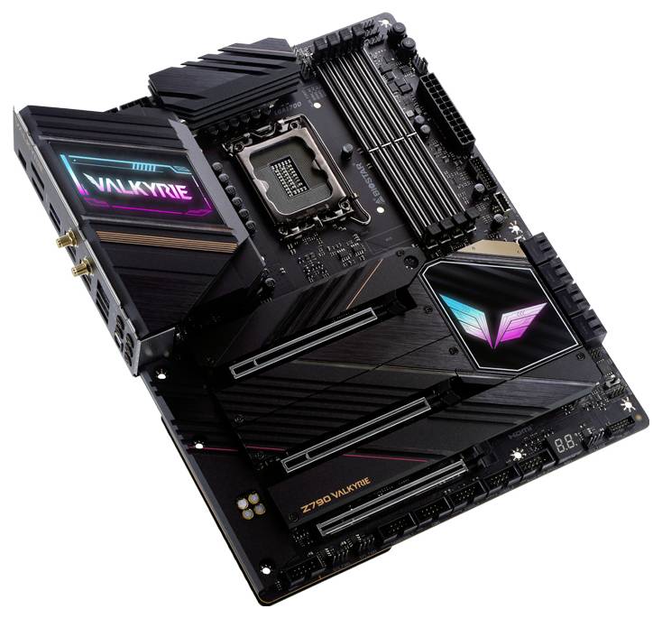 Płyta główna widziana pod skosnym kątem, z podświetleniem RGB i napisem 'VALKYRIE'. Główne komponenty i złącza wyraźnie widoczne.