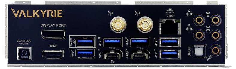 Tylna strona płyty głównej komputera z portami: DisplayPort, HDMI, USB, Ethernet, złącza audio oraz gniazda antenowe.