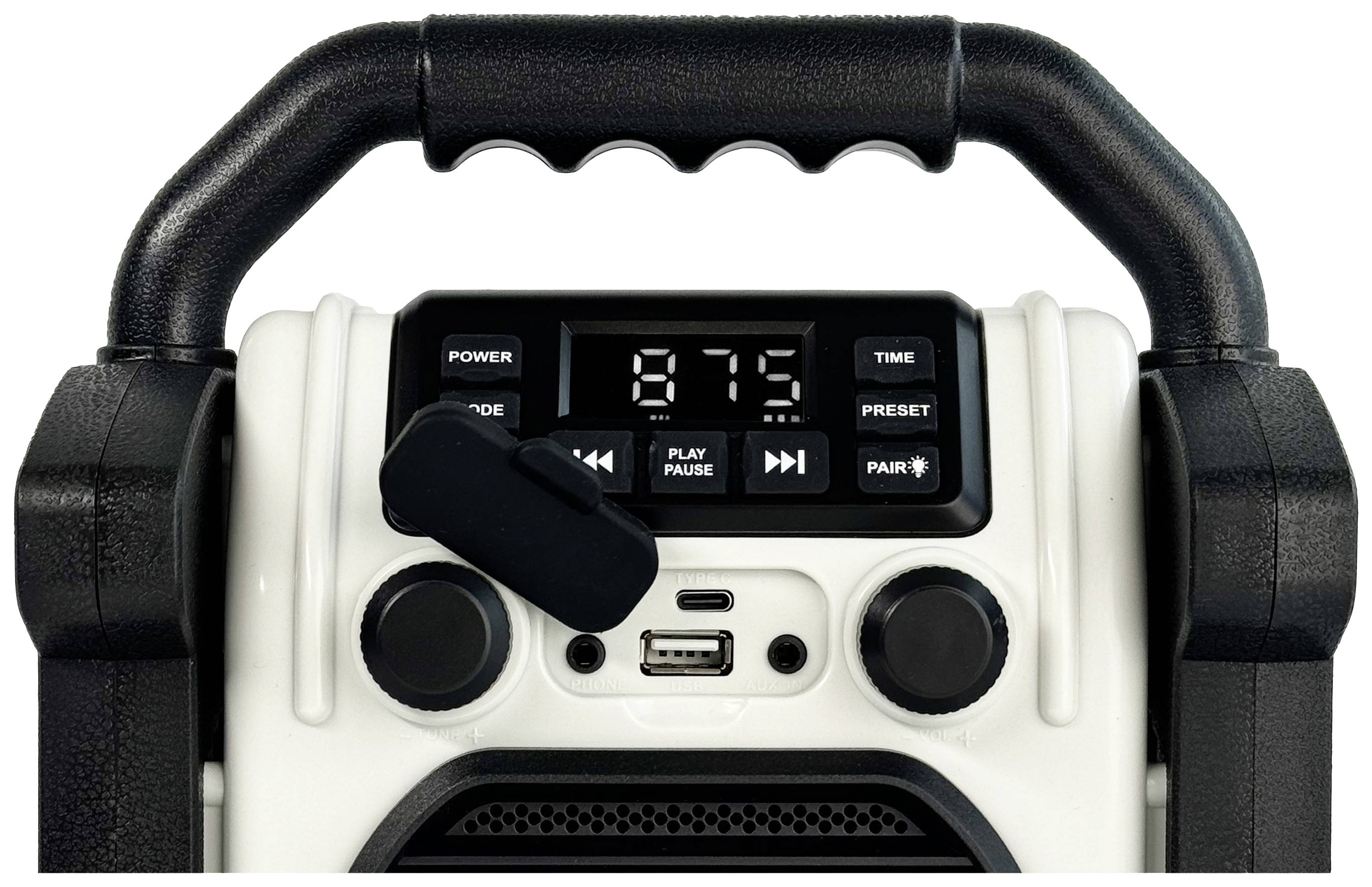 Przenośne radio z cyfrowym wyświetlaczem pokazującym '87.5' FM. Przyciski zasilania, odtwarzania/pauzy i parowania. Złącze USB i regulator głośności.