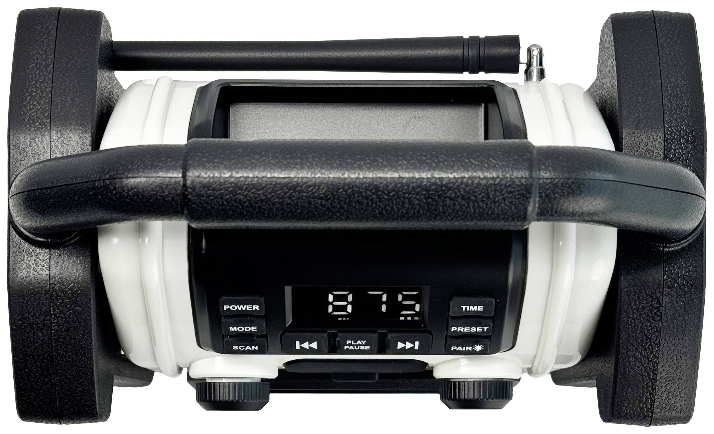 Przenośne radio z regulowanym uchwytem, czarną obudową i wyświetlaczem cyfrowym, pokazującym częstotliwość '87,5'. Przyciski: Włącznik/Wyłącznik, Tryb, Skanowanie itp.