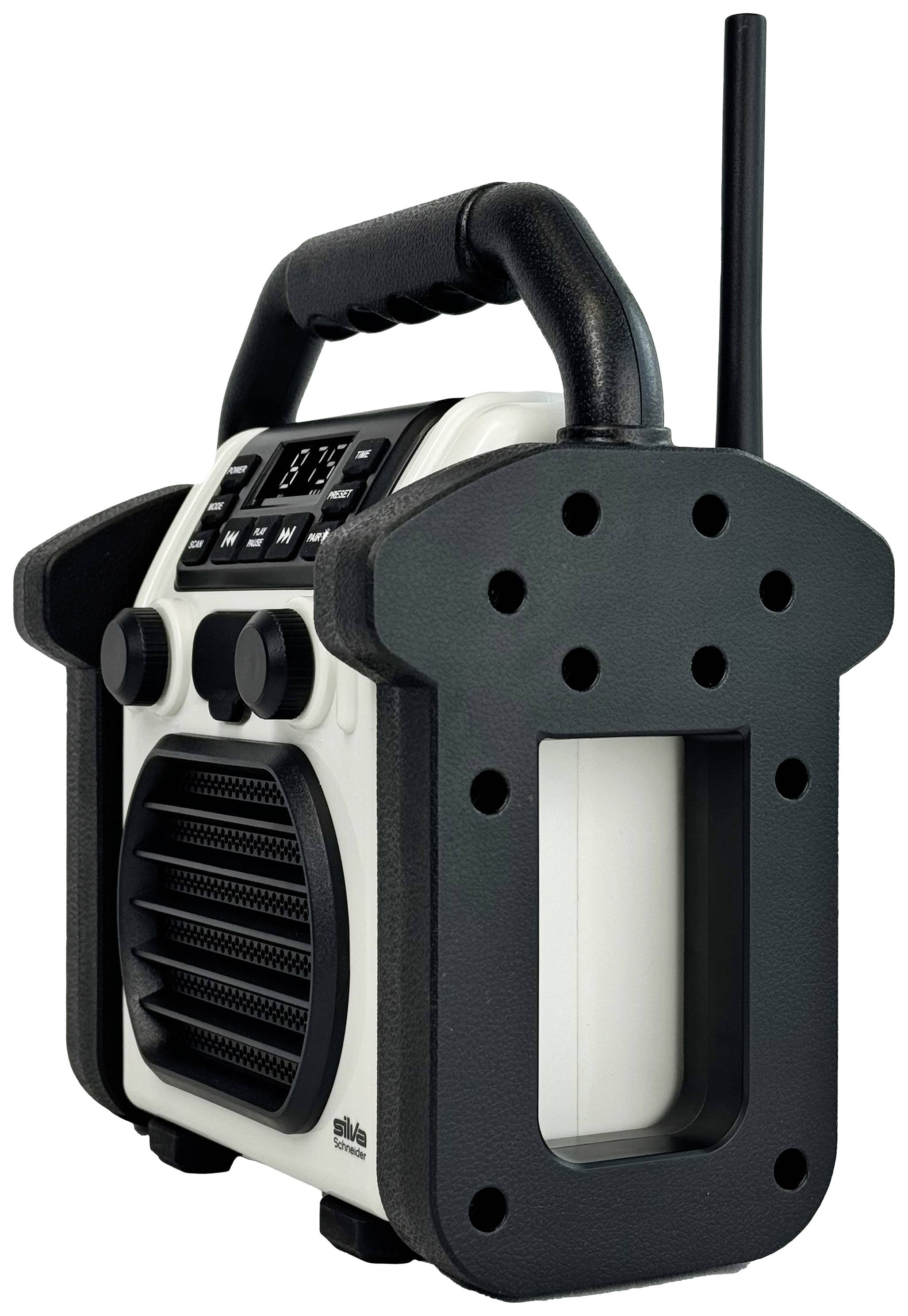 Przenośne radio w wytrzymałej obudowie z anteną i elementami sterującymi. Odpowiednie do użytku na wolnym powietrzu.