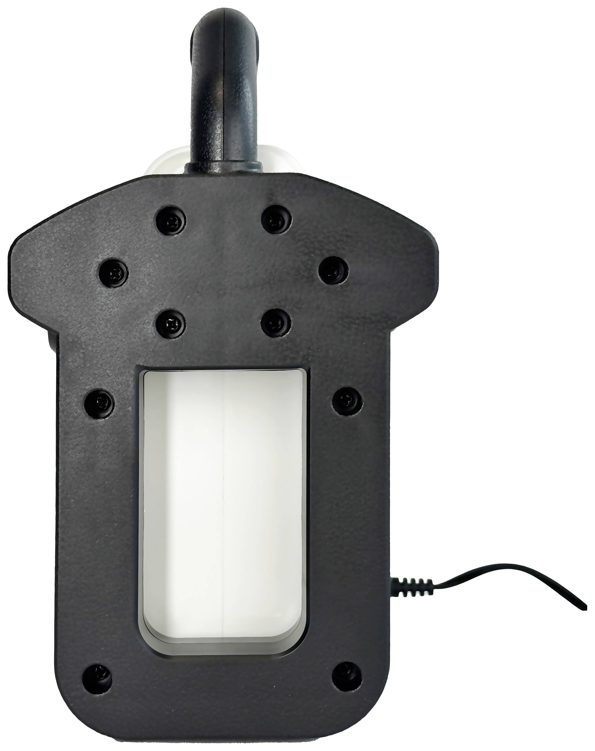 'Widok z przodu czarnej obudowy z tworzywa sztucznego z otwartym oknem i podłączeniem kabla, wygodny uchwyt u góry.'