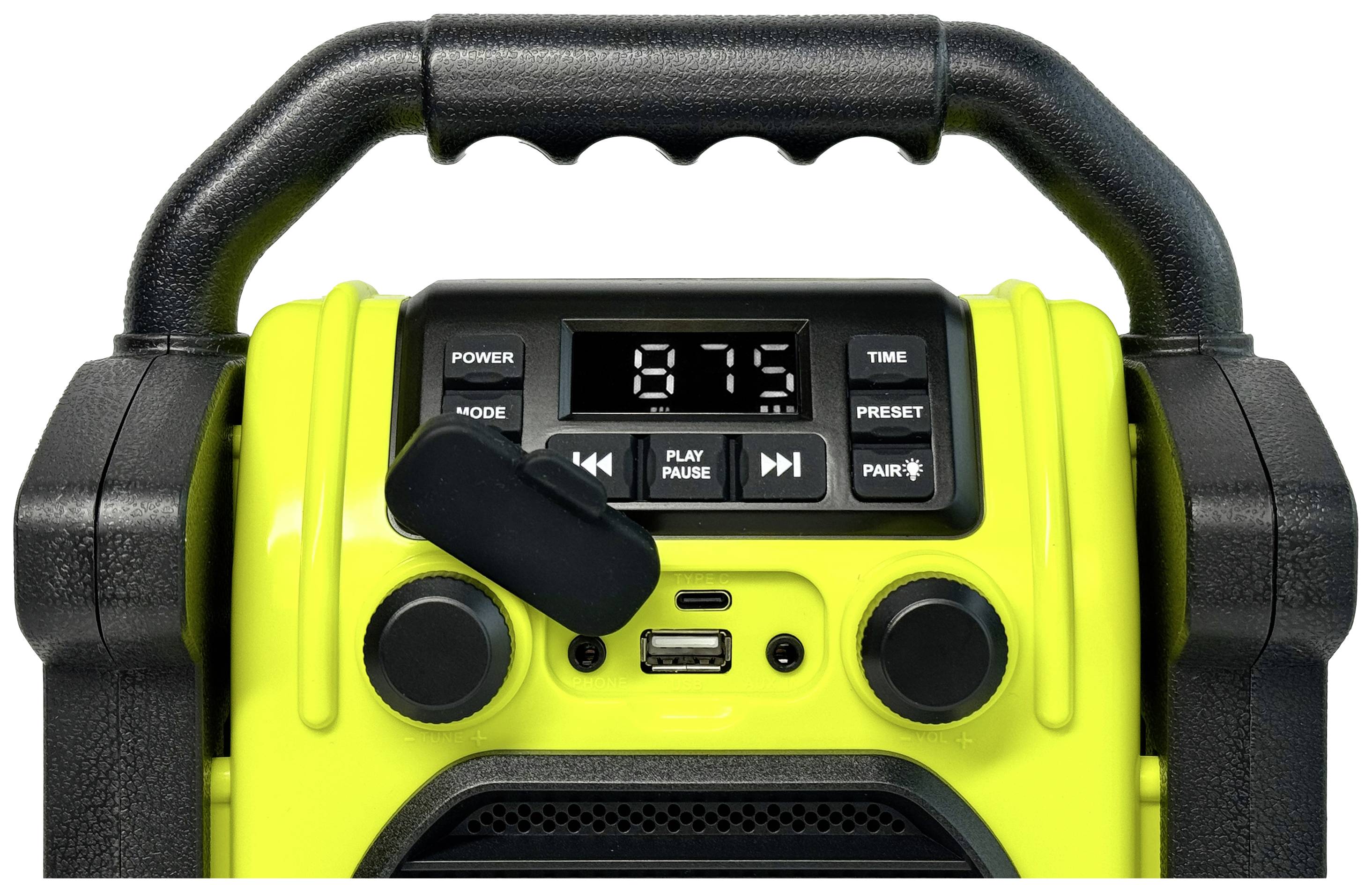 Przenośne żółte radio z dużą rączką i czarnym głośnikiem. Wyświetlacz pokazuje '87,5'. Pokrętła do regulacji głośności i wyboru stacji.