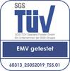Obraz przedstawia logo TÜV z napisem 'EMV sprawdzone', co wskazuje na pomyślne przeprowadzenie testów przez SGS TÜV Saarland.