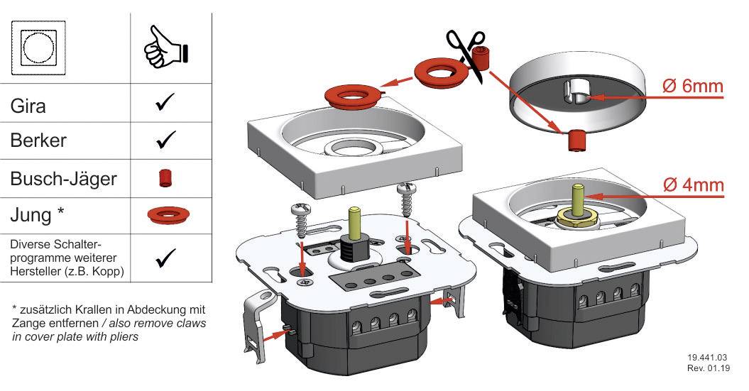 Schemat dwóch komponentów gniazdek. Strzałki wskazują instrukcje montażowe oraz średnice otworów 4 mm i 6 mm. Logotypy marek po lewej stronie.