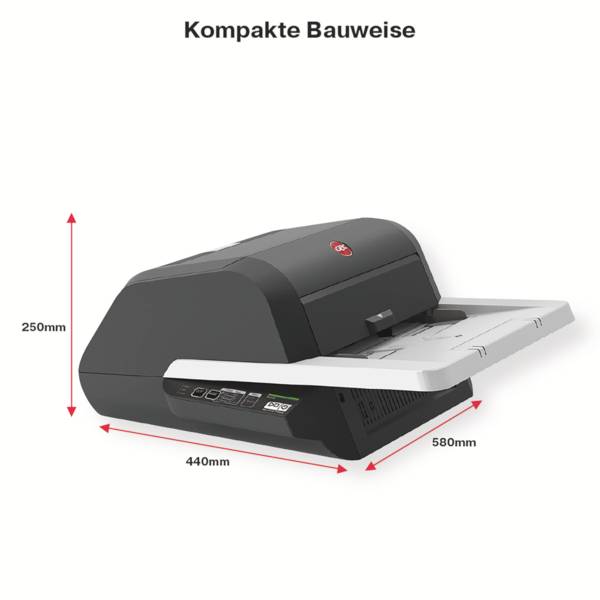 „Kompaktowa konstrukcja" przedstawia skaner. Wymiary: wysokość 250 mm, szerokość 440 mm, głębokość 580 mm.