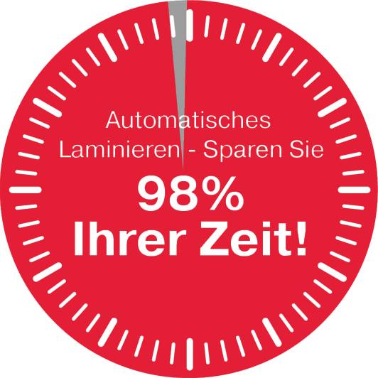 Stos dokumentów leży w automatycznym laminatorze. Tekst 'WKŁADANIE - Bez żmudnego wkładania dokumentów'.