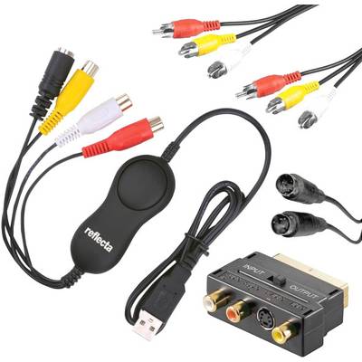 Różne kable AV i złącza, w tym USB, wtyki RCA oraz adaptery, służące do podłączania urządzeń audio i wideo.
