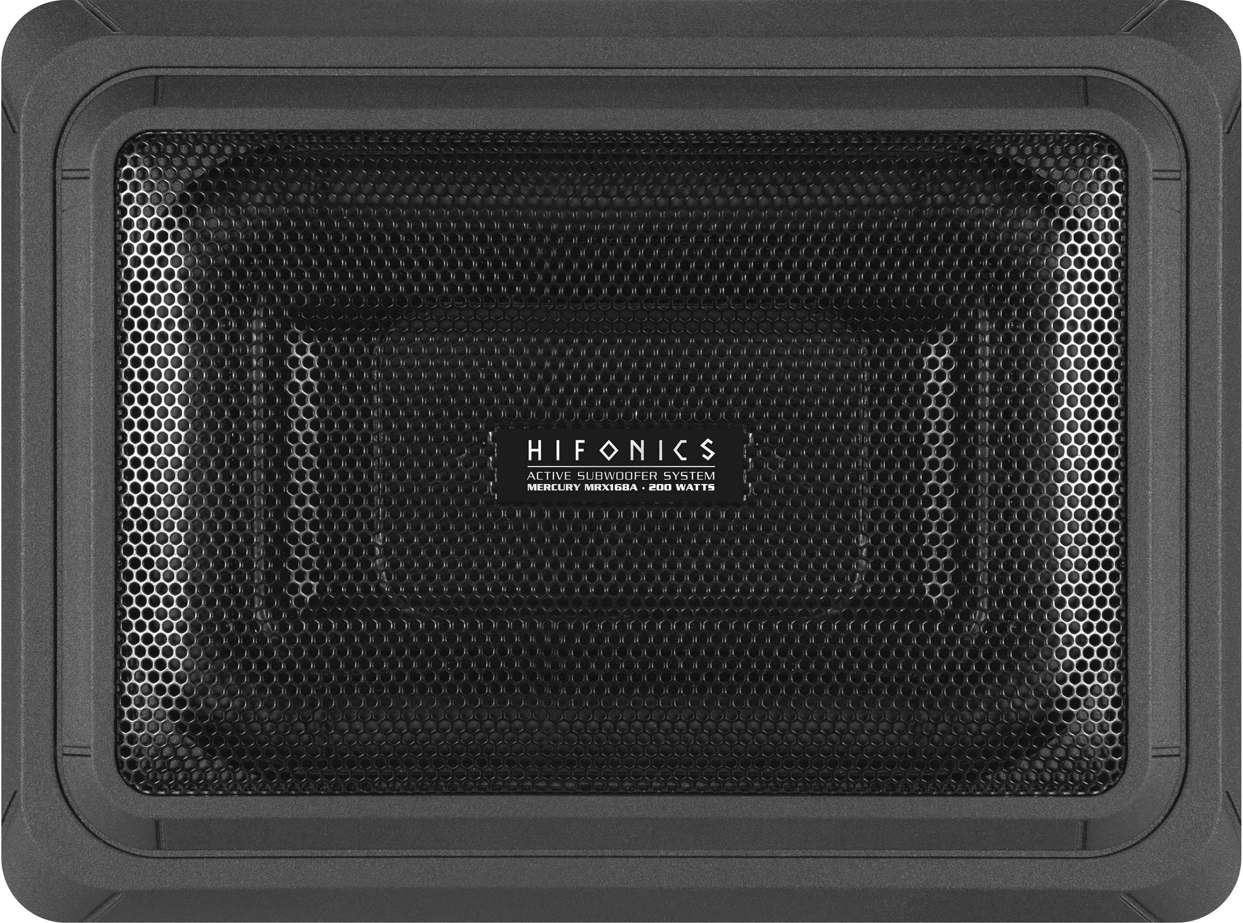 'Subwoofer firmy Hifonics, widok z góry. Prostokątny, z czarnymi kratkami i logo Hifonics pośrodku. Odpowiedni do systemów audio.'