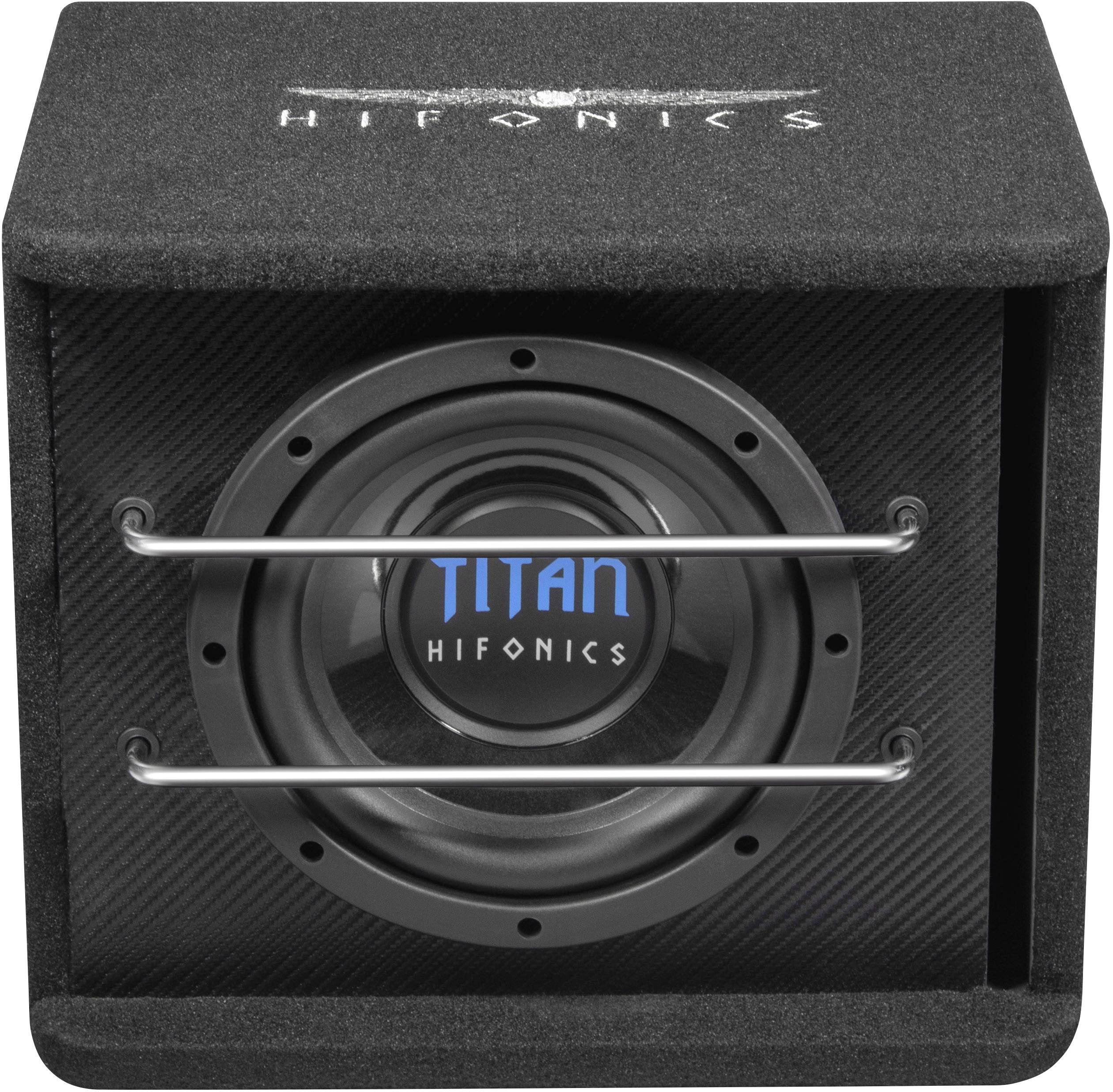 Czarny subwoofer Hifonics Titan w obudowie, z srebrnymi prętami stabilizującymi i logo Hifonics na górze.