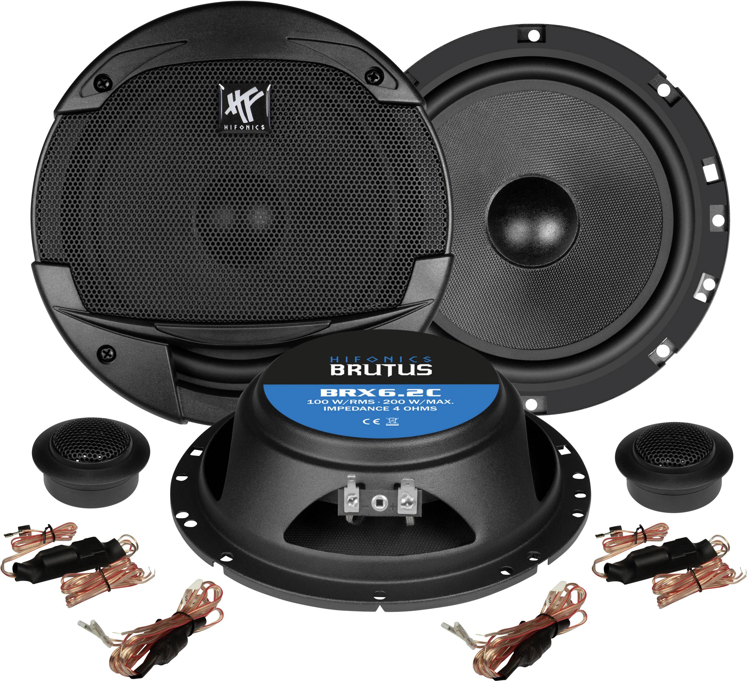 Kompletny system głośnikowy Hi-Fi z dwoma dużymi, okrągłymi głośnikami, dwoma małymi głośnikami wysokotonowymi oraz kablami do podłączenia audio.