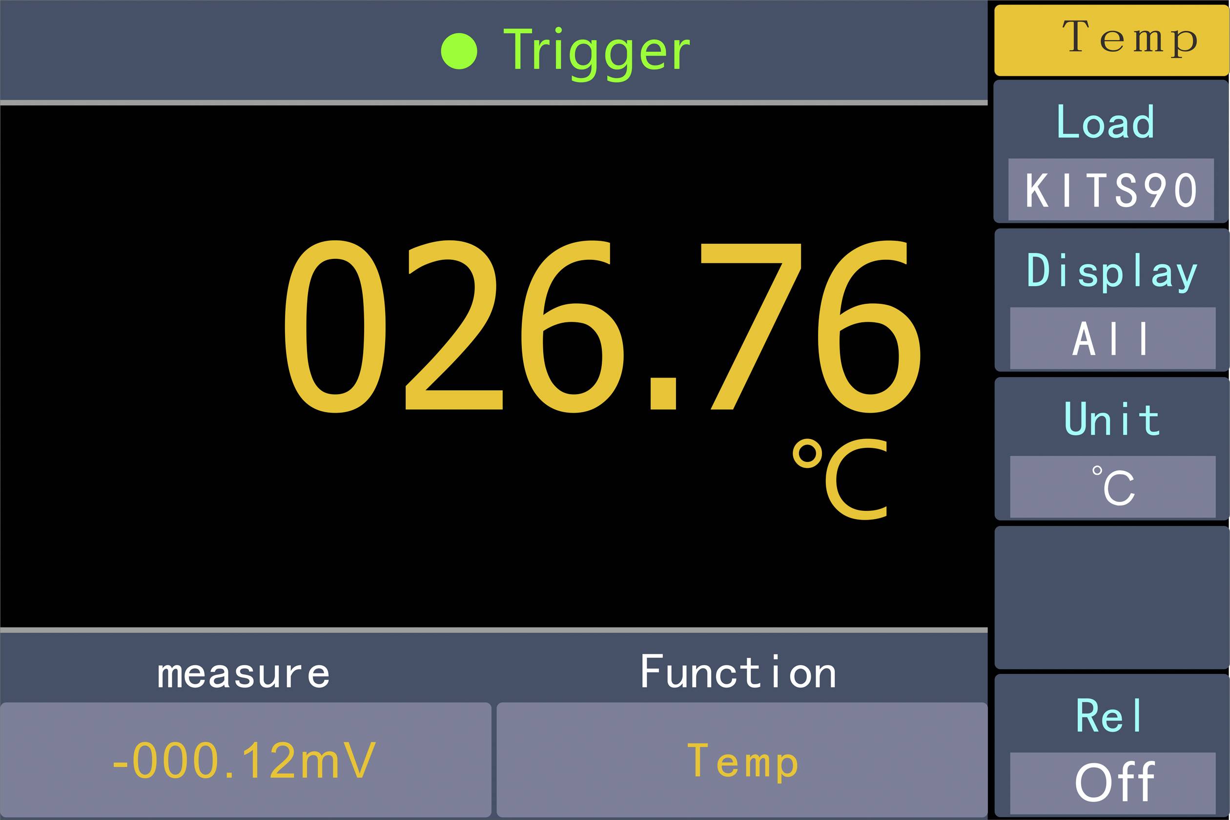 Obraz urządzenia pomiarowego z wyświetlaczem temperatury 26,76 stopni Celsjusza. Różne menu po bokach, w tym funkcja i jednostka.
