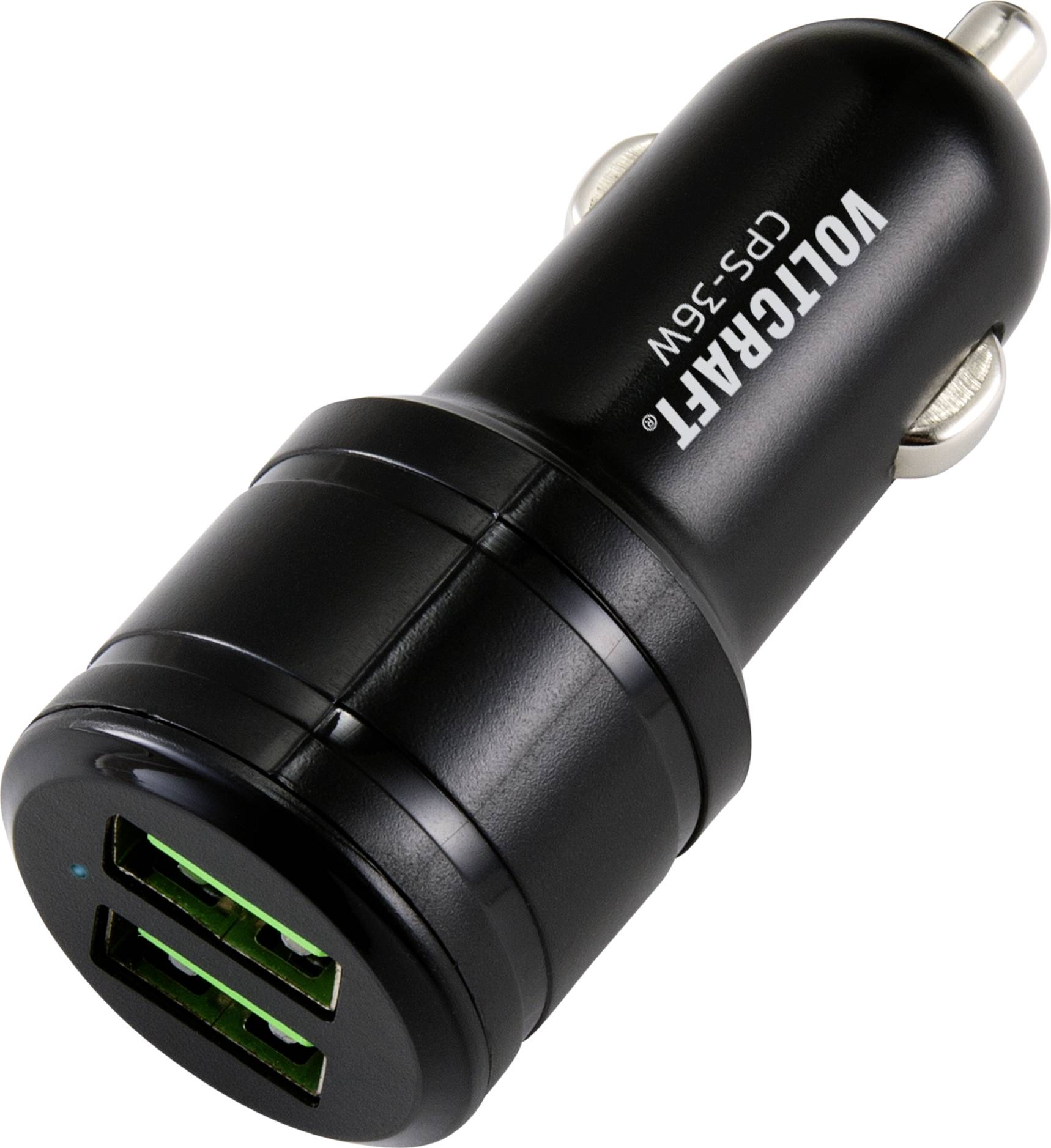 Czarny błyszczący samochodowy ładowarka USB z dwoma portami USB, przeznaczona do jednoczesnego ładowania dwóch urządzeń.