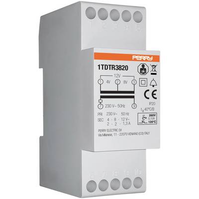 Szary elektryczny transformator z zaciskami przyłączeniowymi. Naklejka przedstawia numer modelu '1TDTR3820' oraz dane techniczne.