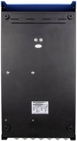 Czarny, prostokątny, techniczny sprzęt z etykietą i kilkoma złączami od spodu, leżący na jasnej powierzchni.