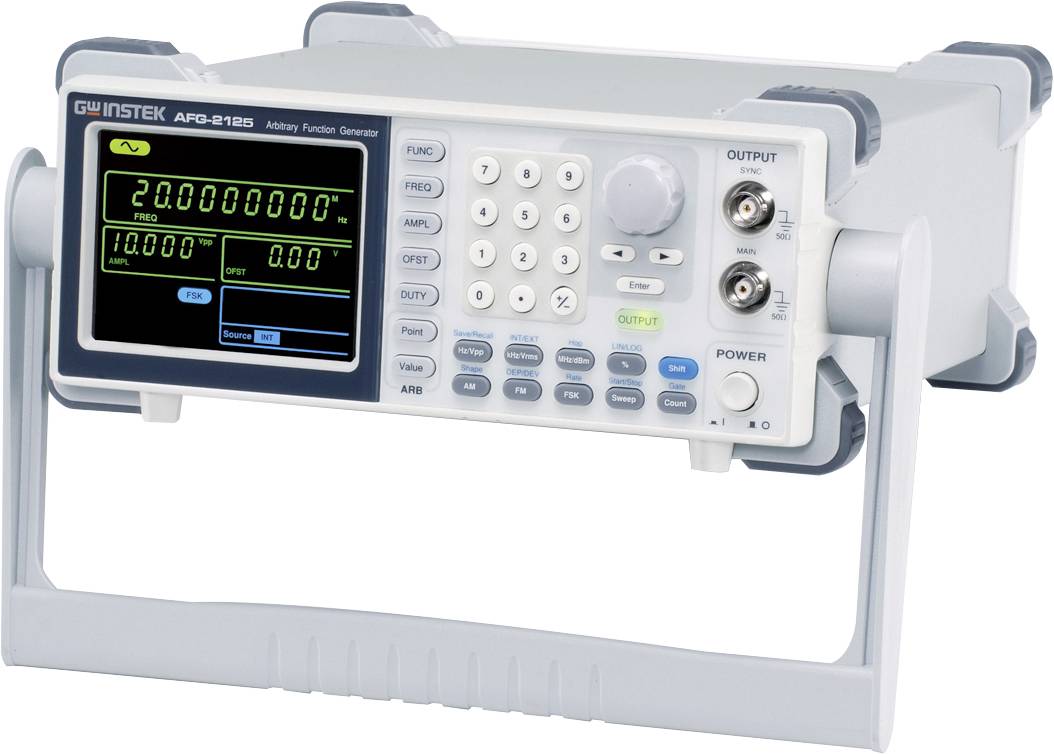 Generator funkcyjny z wyświetlaczem i przyciskami sterującymi. Pokazuje ustawienia częstotliwości i wyjścia. Urządzenie jest szare z uchwytem do przenoszenia.