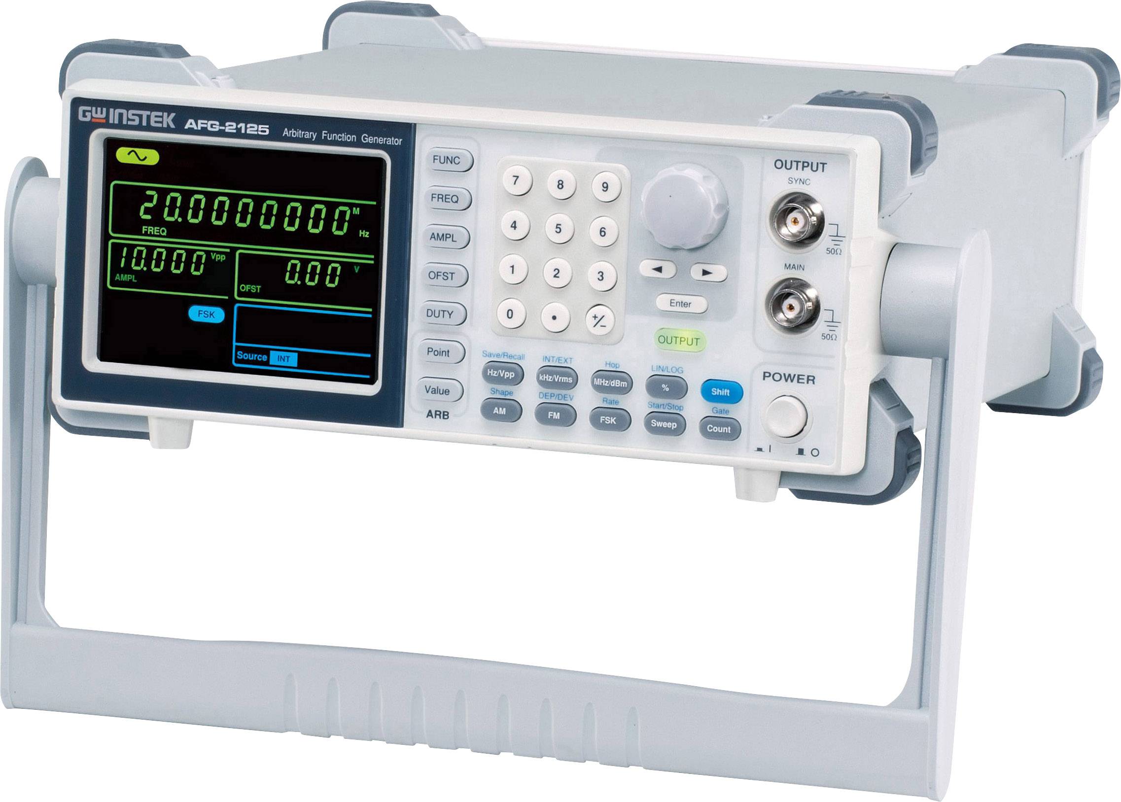 Generator funkcyjny z wyświetlaczem cyfrowym pokazuje częstotliwość i napięcie. Elementy sterujące oraz złącza znajdują się na przedniej części urządzenia.
