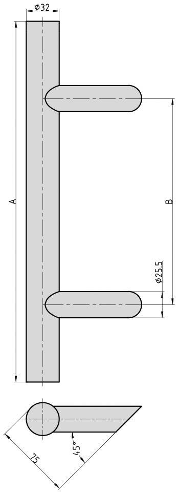 Rysunek techniczny rury z dwoma poziomymi odgałęzieniami. Rura główna usytuowana pionowo z naniesionymi wymiarami. Kąt w dolnym prawym rogu 75°.