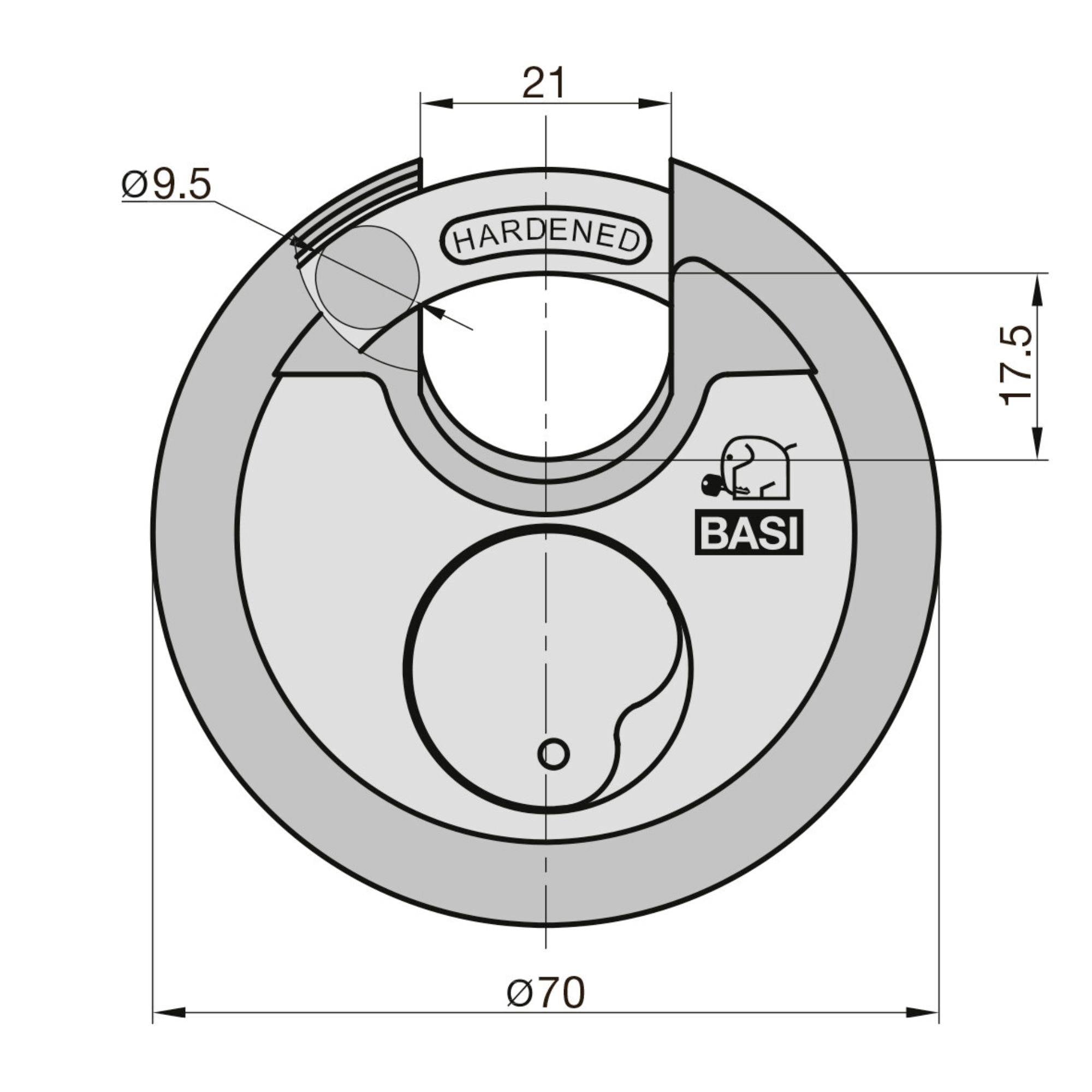 Okrągły korpus kłódki z napisem 'HARDENED', o średnicy 70 mm, z otworem na klucz na dole, marka BASI. Diagram przedstawia wymiary.