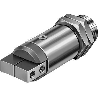 Metalowy cylinder ze śrubowym zamknięciem i prostokątną głowicą, prawdopodobnie element systemu mechanicznego lub hydraulicznego.