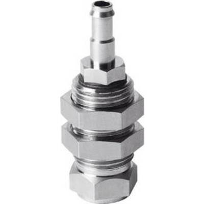 Metalowy element łączący z gwintem i nakrętką sześciokątną, prawdopodobnie część systemu hydraulicznego lub pneumatycznego.