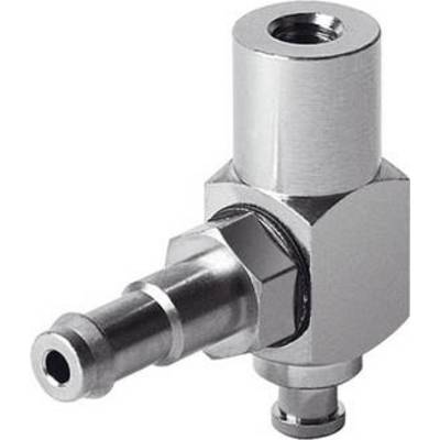 Metalowy adapter z dwoma otworami, jednym z boku i jednym od góry, do podłączania węży lub rur.