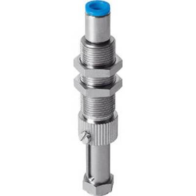 Metalowy cylinder z gwintem śrubowym, dwie nakrętki sześciokątne oraz niebieskim kapturkiem na górze. Element techniczny.