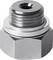 Metalowy element w kształcie cylindra z gwintem i sześciokątną podstawą, prawdopodobnie adapter lub element zamykający.