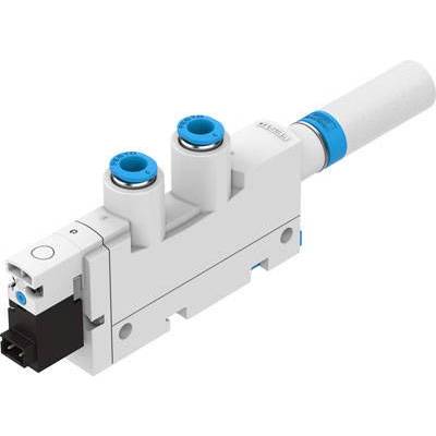 Zawór pneumatyczny z dwoma niebieskimi przyłączami powietrznymi, czarnym złączem elektrycznym i cylindrycznym zakończeniem.