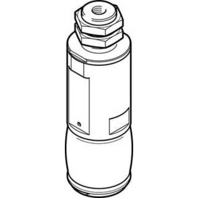 Rysunek techniczny hydraulicznego elementu tłumiącego z górnymi i dolnymi punktami mocowania, o kształcie cylindrycznym.