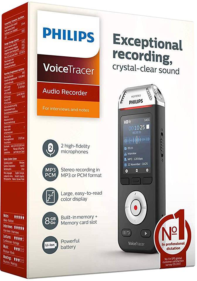 Opakowanie rejestratora audio Philips VoiceTracer z napisem 'Wyjątkowe nagrania, krystalicznie czysty dźwięk'. Zawiera techniczne szczegóły urządzenia.