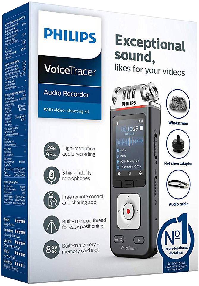 Rejestrator audio Philips VoiceTracer z zestawem do nagrywania wideo, 3 mikrofonami, pilotem zdalnego sterowania, zintegrowaną kartą pamięci, z dołączonym osprzętem.