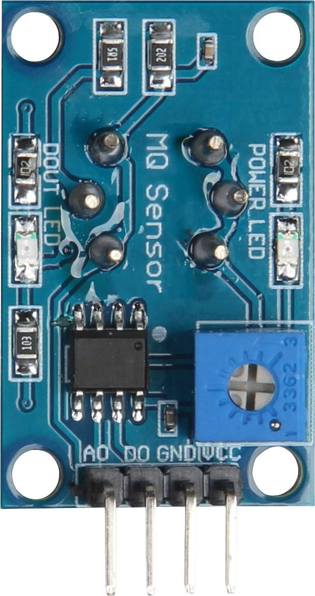 Niebieska płytka drukowana z napisem 'MQ Sensor', prezentuje elektroniczne komponenty i złącza pinowe, prawdopodobnie przeznaczona do zastosowań w detektorach gazu.
