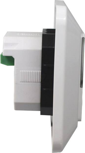 Obraz przedstawia widok z boku białego włącznika ściennego z zielonym elementem na tylnej stronie, nadającym się do montażu na ścianie.