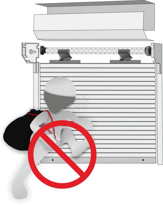 Stylizowana sylwetka mężczyzny z workiem na plecach jest przesłonięta czerwonym symbolem zakazu, co wskazuje na system zabezpieczenia antywłamaniowego.